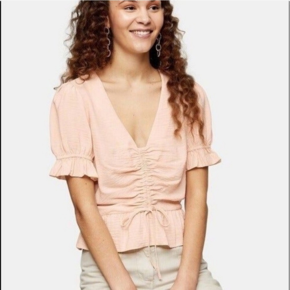 Topshop Margot Ruched Front Short Sleeve Top Light Blush Size 8